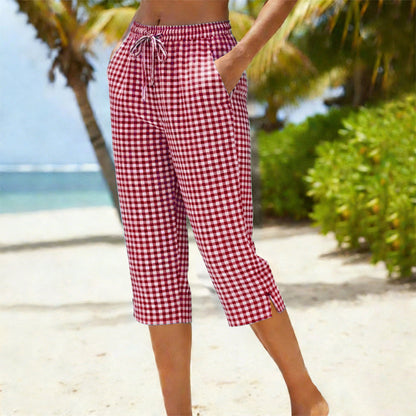 Capri - Pantalones de algodón y lino de alta calidad con estampado de cuadros clásico: ¡perfectos para la primavera y el verano!