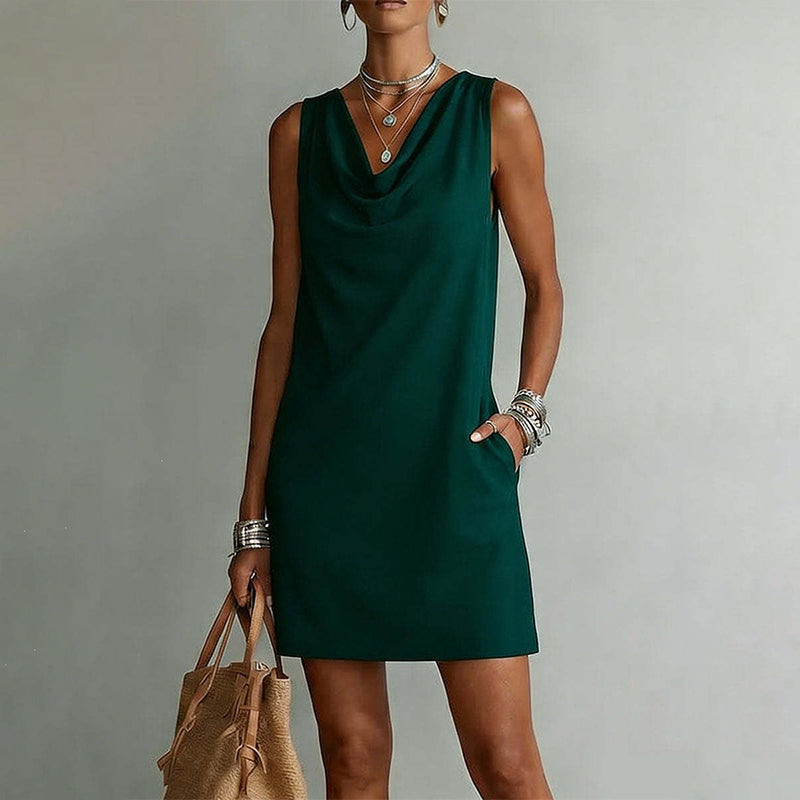 Beatriz - Vestido entallado con cuello barco – Sin mangas, bolsillos laterales, versátil
