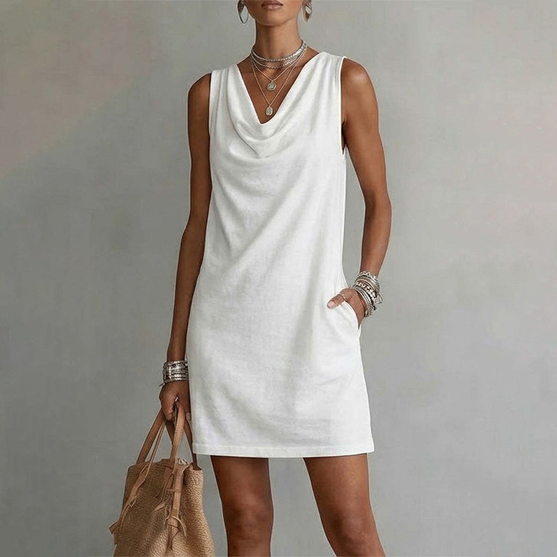 Beatriz - Vestido entallado con cuello barco – Sin mangas, bolsillos laterales, versátil