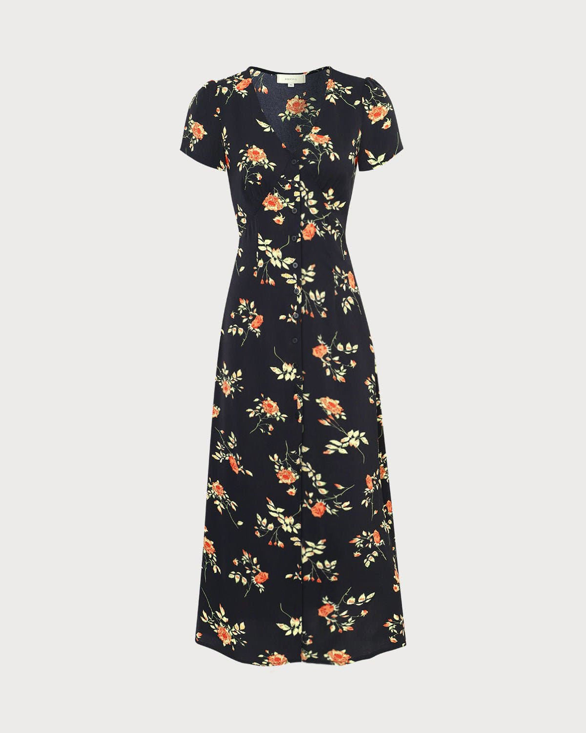 Faina - Vestido largo negro de manga corta con estampado floral y cuello en V