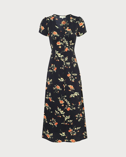 Faina - Vestido largo negro de manga corta con estampado floral y cuello en V