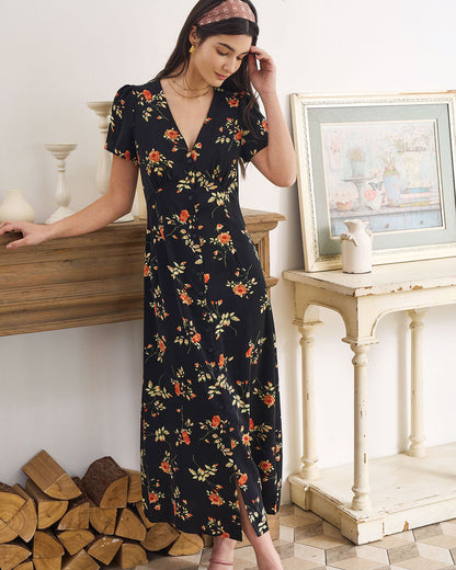 Faina - Vestido largo negro de manga corta con estampado floral y cuello en V