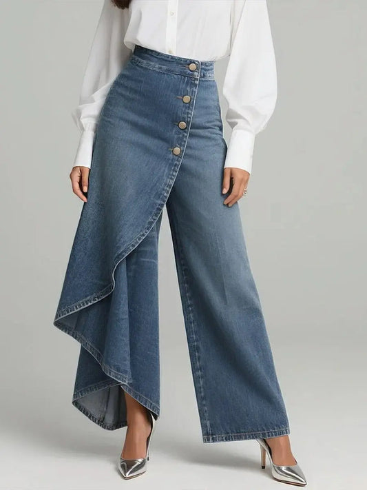 Emili - Pantalones vaqueros de corte ancho, cintura alta y botones en la parte delantera